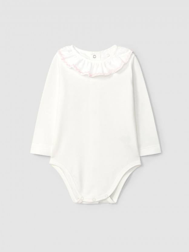 Bodysuit ruffled collar with wavy embroidery Bodysuit ruffled collar with wavy embroidery