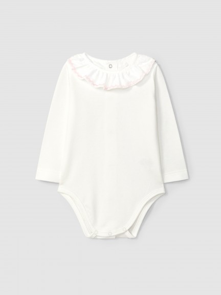 Bodysuit ruffled collar with wavy embroidery