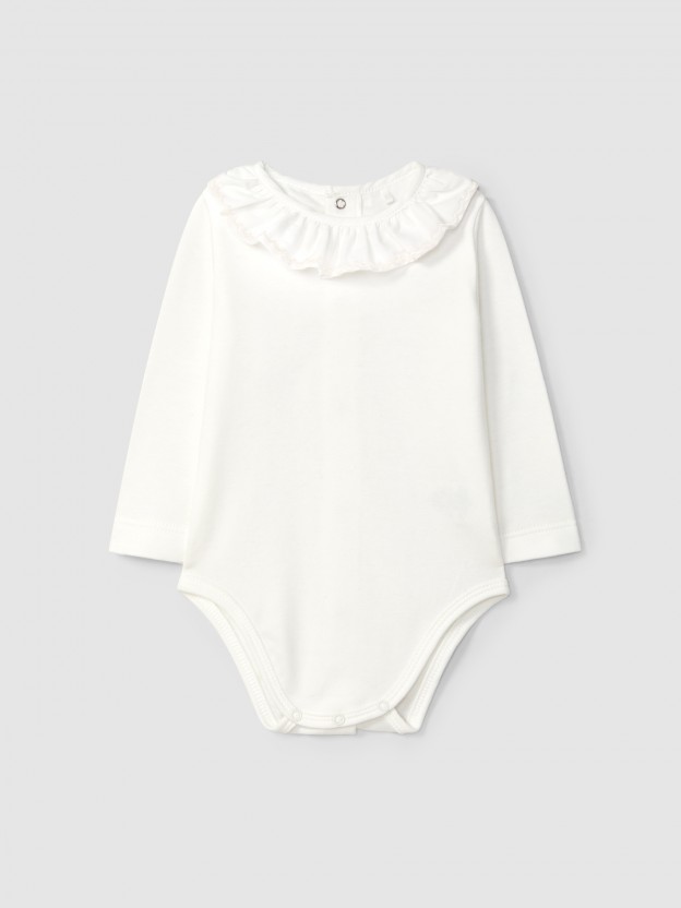 Bodysuit ruffled collar with wavy embroidery