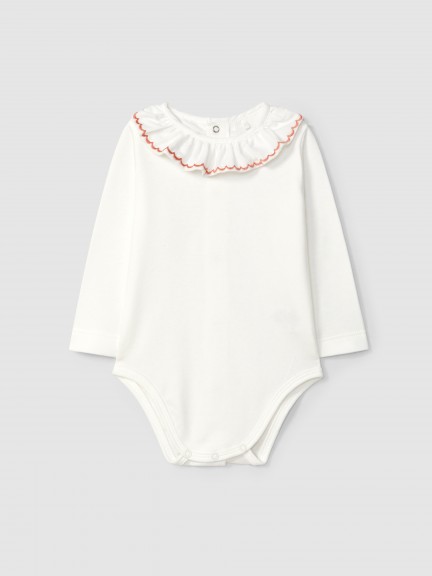Bodysuit ruffled collar with wavy embroidery