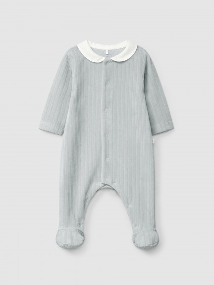 Ribbed velvet babygrow with round collar