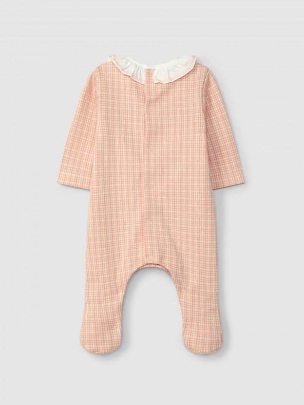Jacquard jersey babygrow with tattersall with ruffled collar