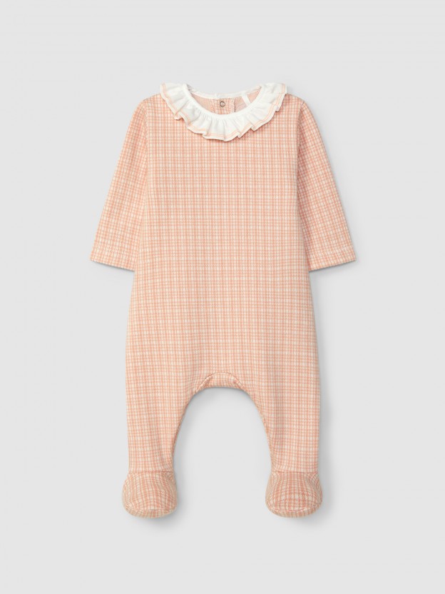 Jacquard jersey babygrow with tattersall with ruffled collar