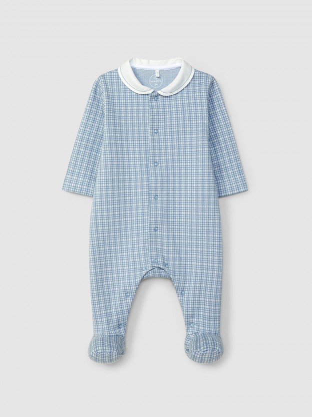 Jacquard jersey babygrow with tattersall with round collar
