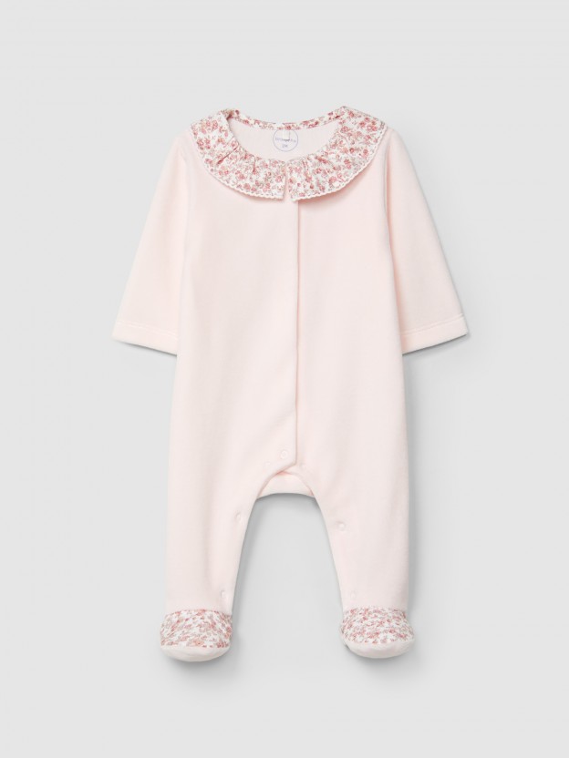 Babygrow em veludo com gola de folho estampado floral