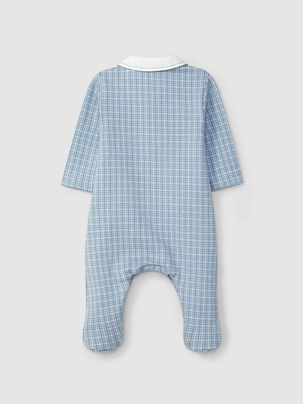 Jacquard jersey babygrow with tattersall with round collar