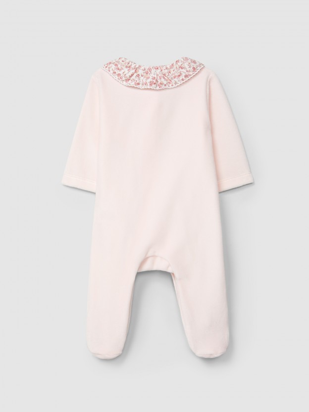 Babygrow em veludo com gola de folho estampado floral