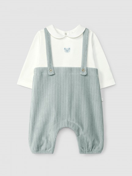 Two-in-one romper in ribbed velvet and embroidery detail on the chest