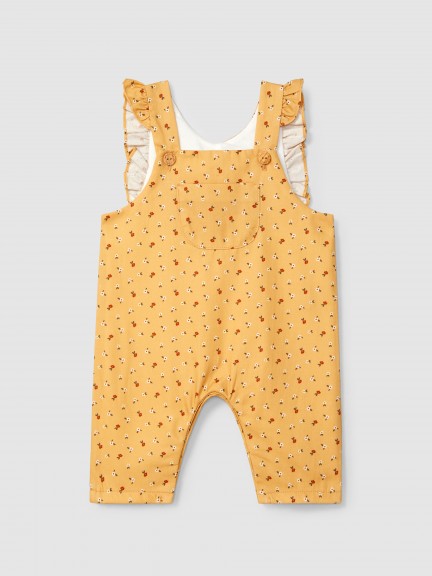 Floral print dungarees and ruffled detail