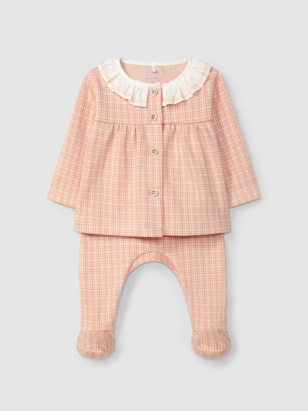 Two-piece jacquard jersey romper with tattersall and ruffled collar