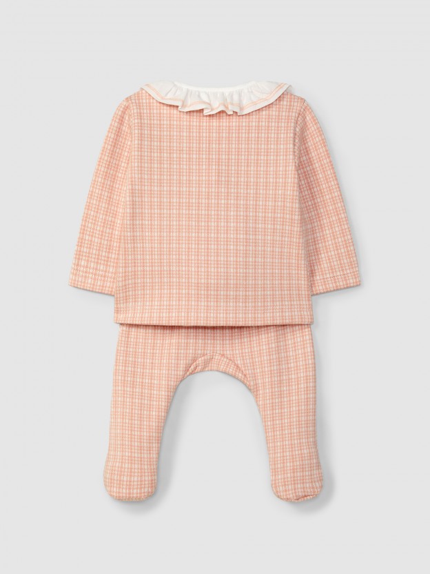 Two-piece jacquard jersey romper with tattersall and ruffled collar