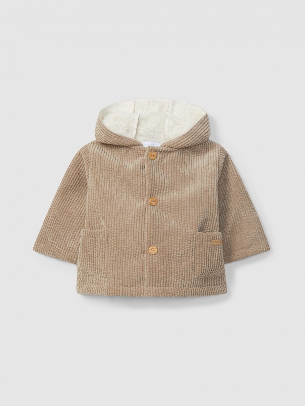 Hooded corduroy coat with fur