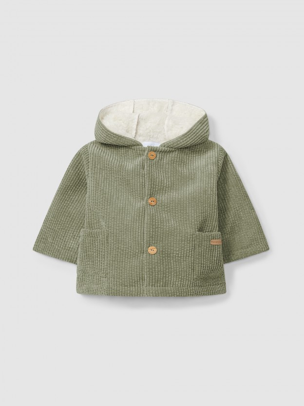 Hooded corduroy coat with fur