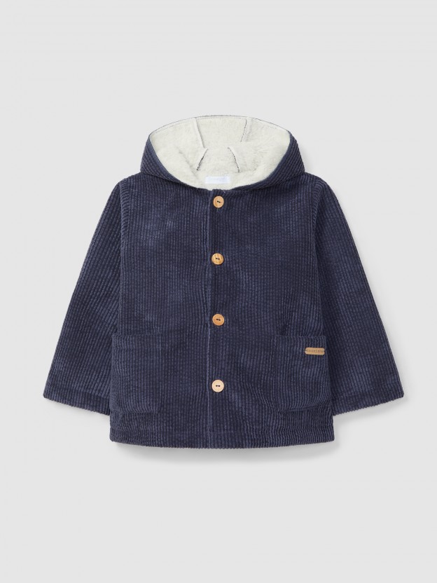 Hooded corduroy coat with fur