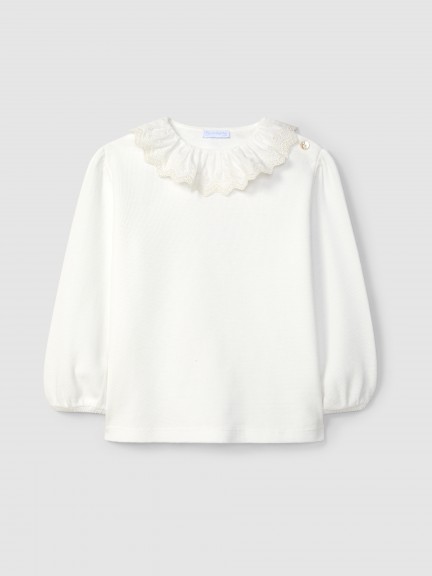 Longlseeve en maille gaufre avec col en broderie anglaise