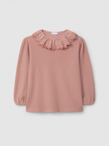 Longlseeve en maille gaufre avec col en broderie anglaise