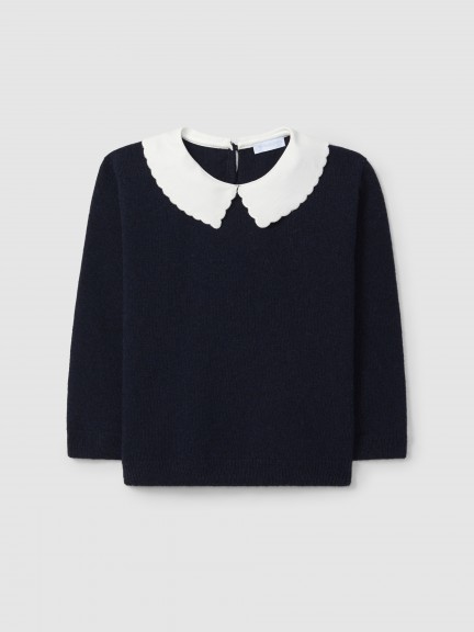 Knitted jumper with fabric collar