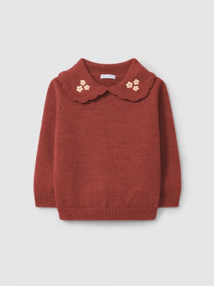 Pull tricot col  fleurs brodes