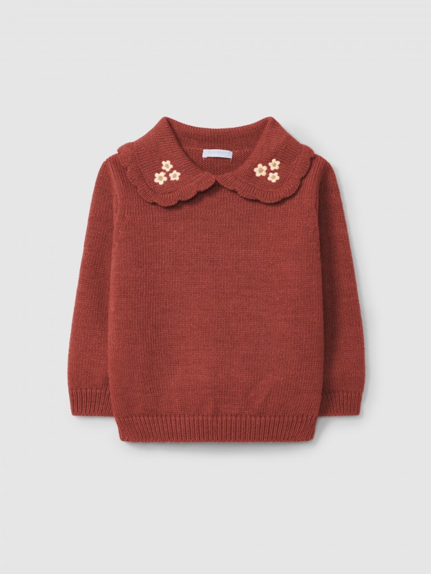 Pull tricot col  fleurs brodes