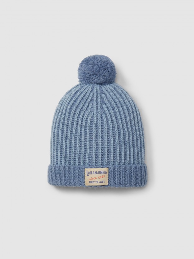 Knitted two-colour beanie with pom-pom