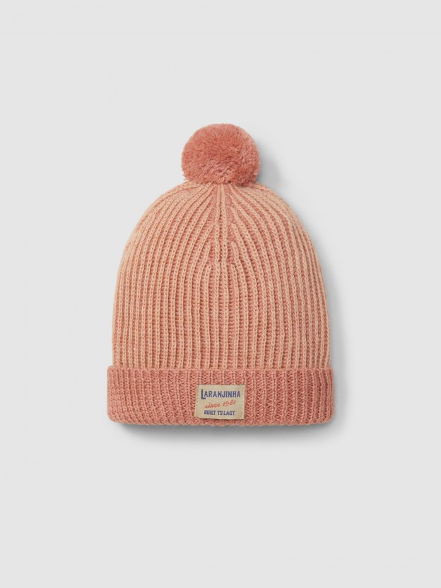 Knitted two-colour beanie with pom-pom