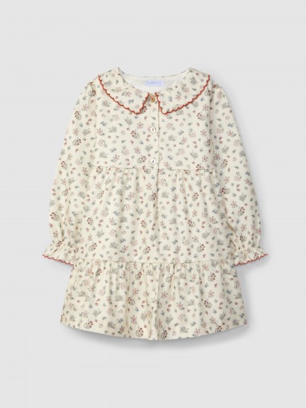 Vestido flores delicadas gola com bordado cor contraste