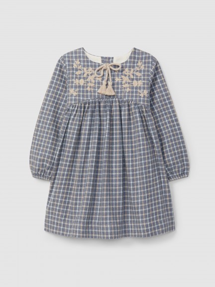 Check dress embroidered with wool thread