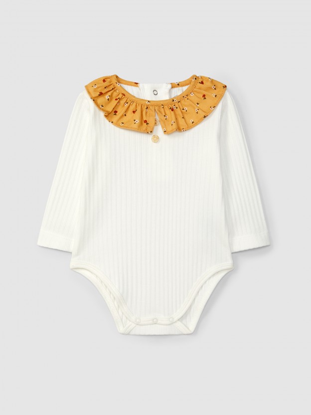 Ribbed jersey bodysuit with floral ruffled collar