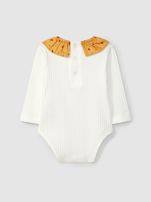 Ribbed jersey bodysuit with floral ruffled collar