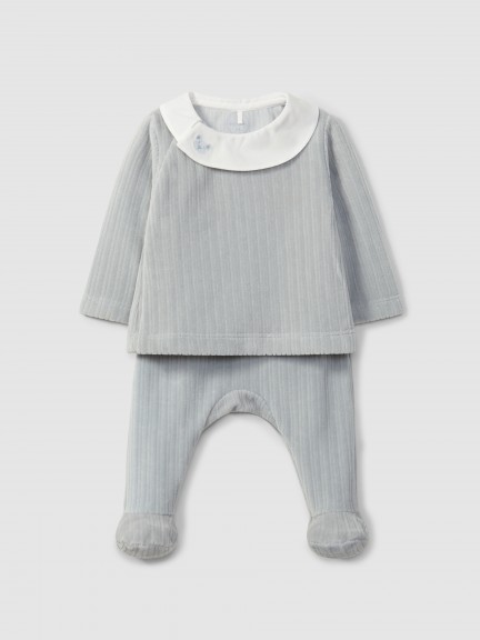 Two-piece ribbed velvet romper with embroidered detail on the collar