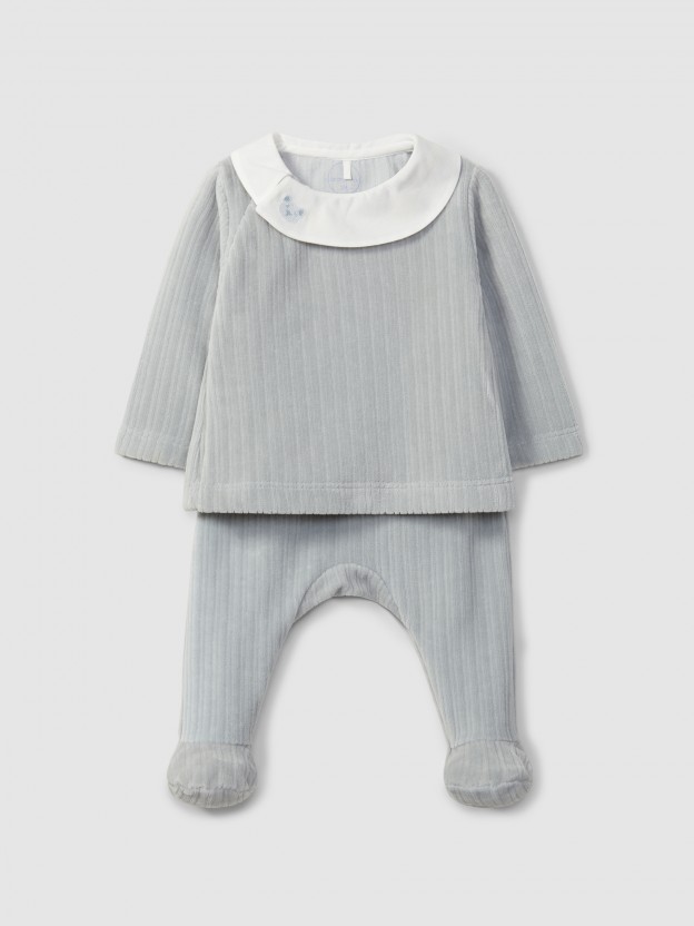 Two-piece ribbed velvet romper with embroidered detail on the collar