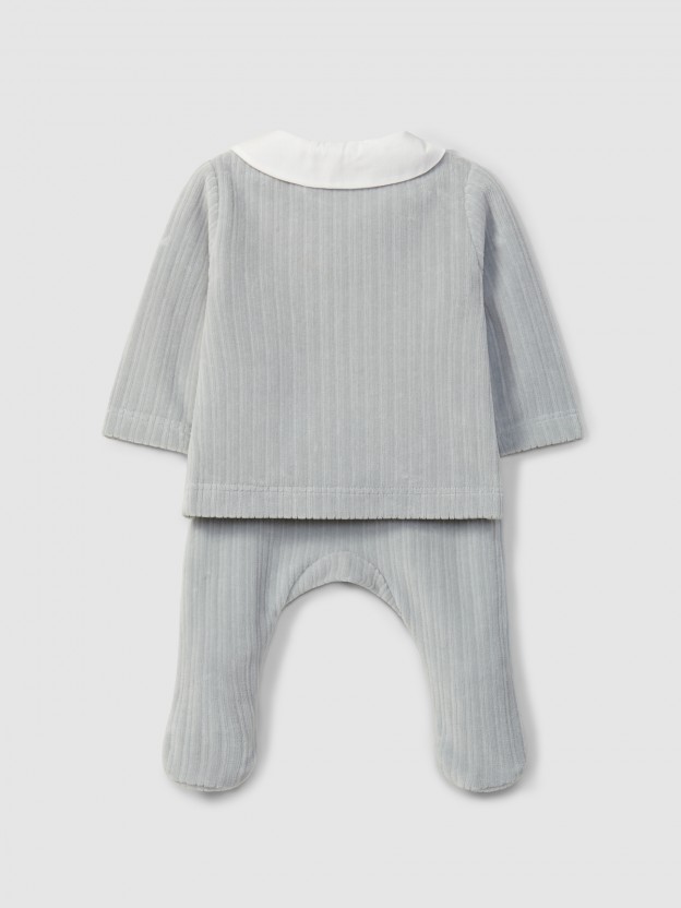 Two-piece ribbed velvet romper with embroidered detail on the collar