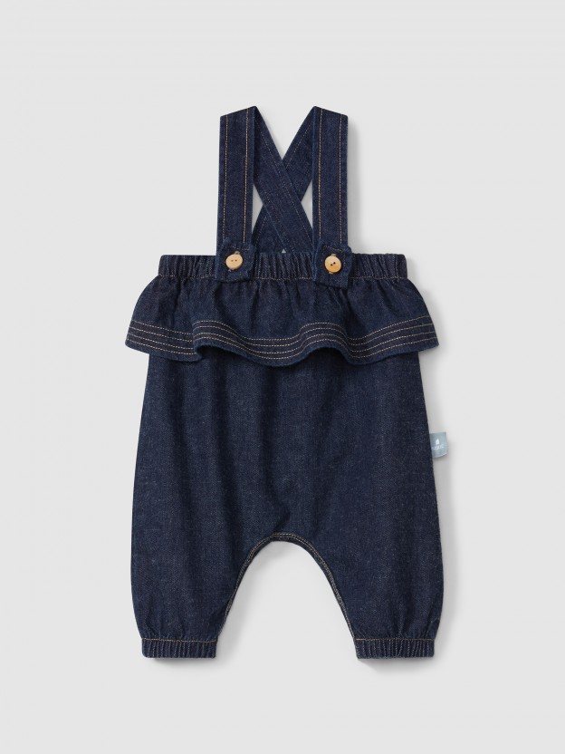 Jardineiras com folho em denim de algodão orgânico Jardineiras com folho em denim de algodão orgânico