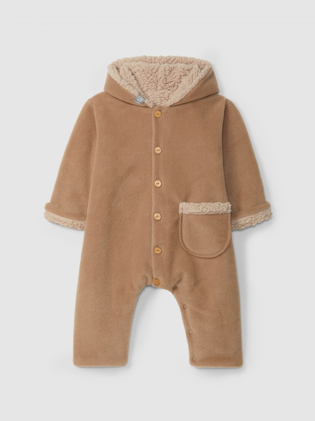 Fleece hooded pramsuit with pocket