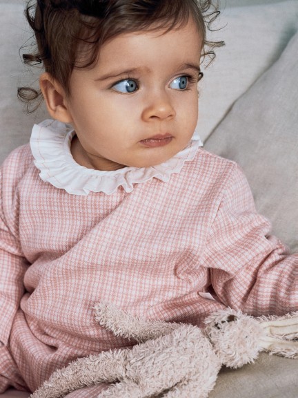 Jacquard jersey babygrow with tattersall with ruffled collar