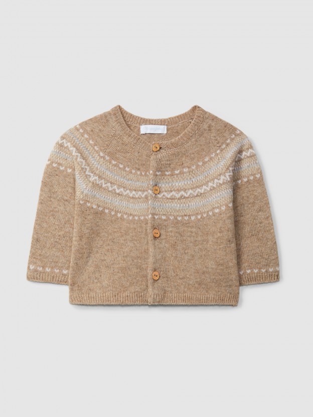 Casaco tricotado deconte redondo jacquard